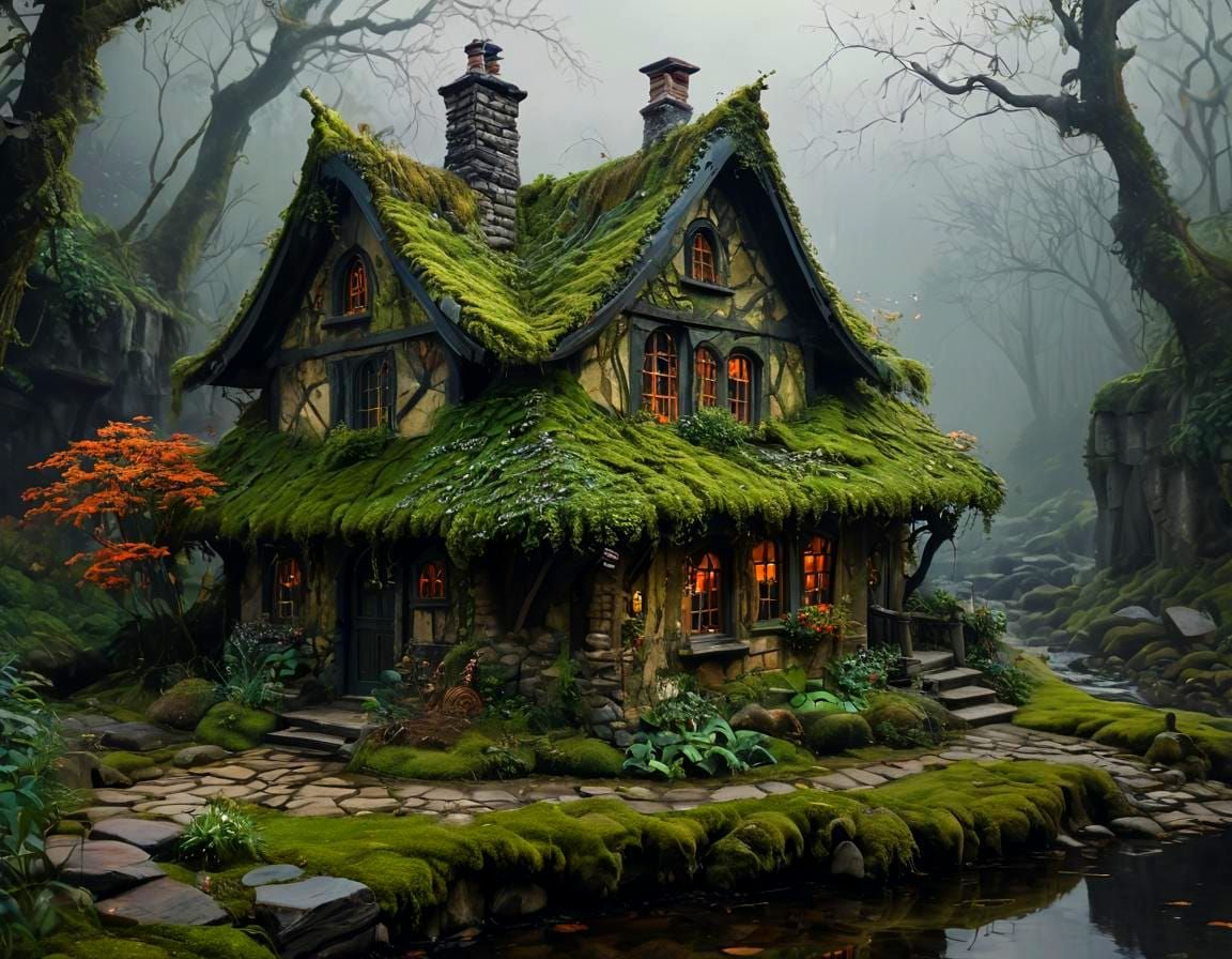 Dark Fantasy Forest Cottage in Gothic Acrylic Style