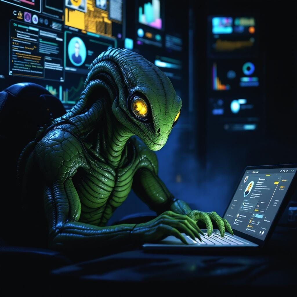 Reptilian Alien Using Social Media in a Cyberpunk Room