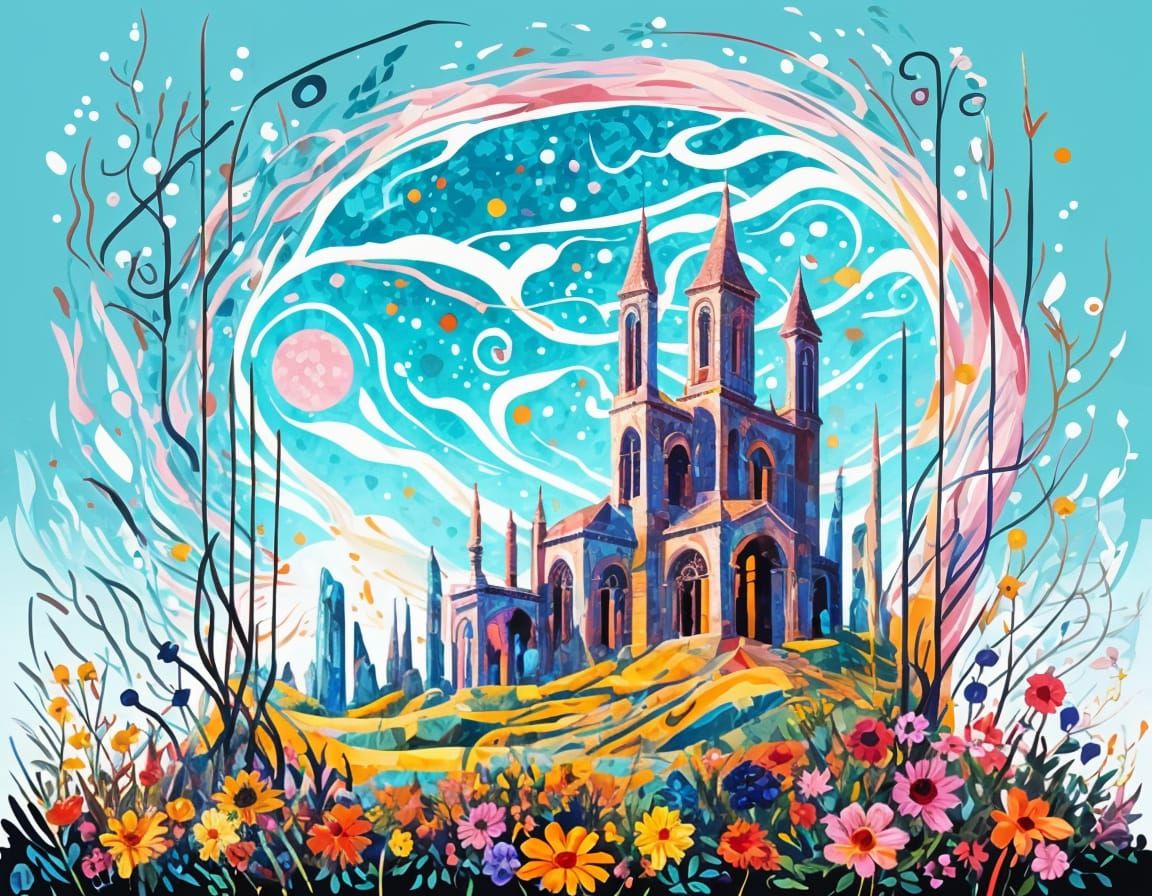 Glass Ruin with Glowing Flora in Expressionist Style