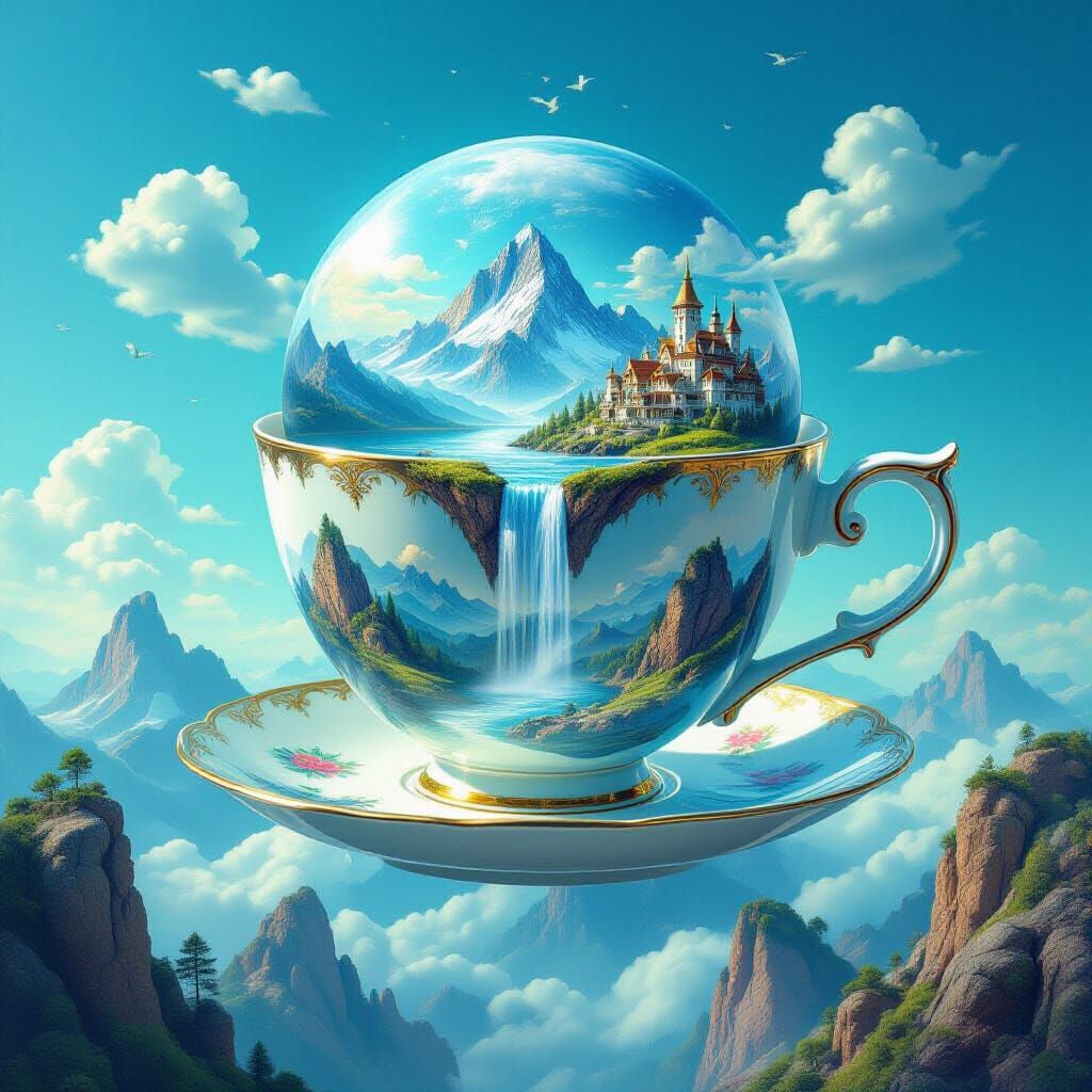 Giant Teacup Planet Floats in Turquoise Sky