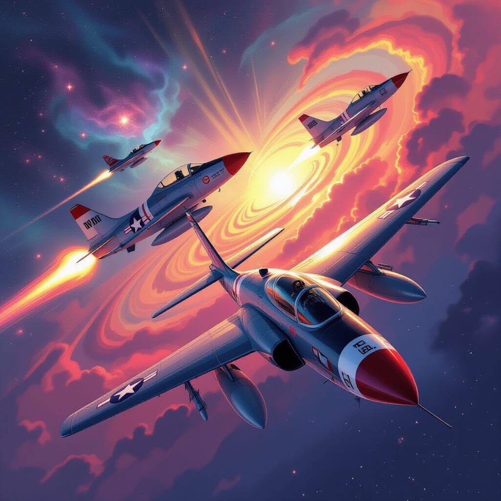 F-86 Jets Soar Through Nebula in Retro Sci-Fi Style