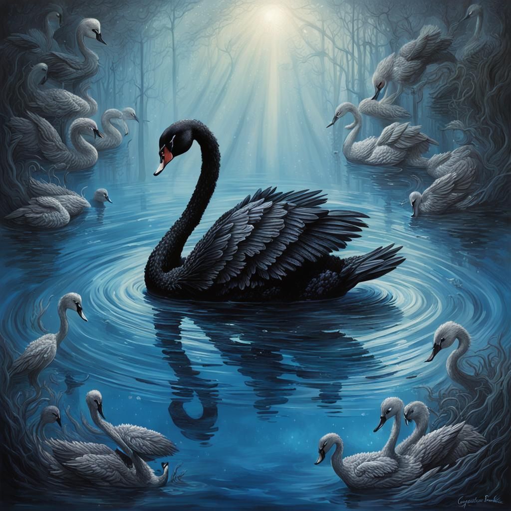 Black Swan in Blue Water, Detailed Horror Art