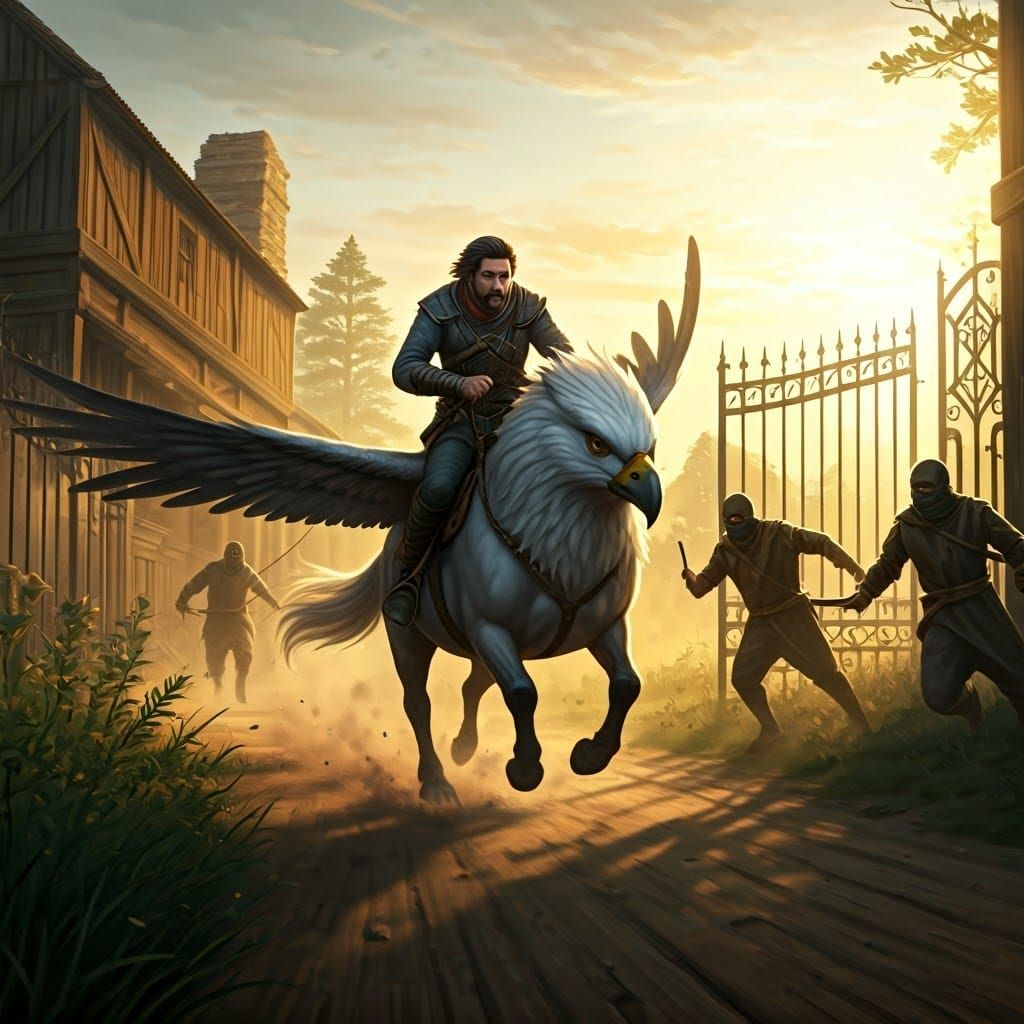 Hippogriff Escape from Masked Men in Golden Light