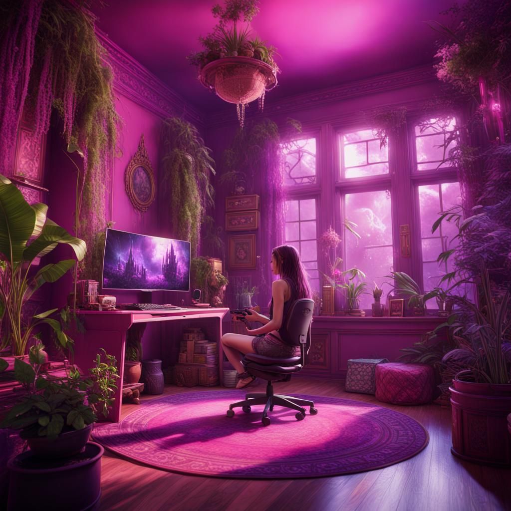 Gamer Girl in a Magical Pink and Purple Room