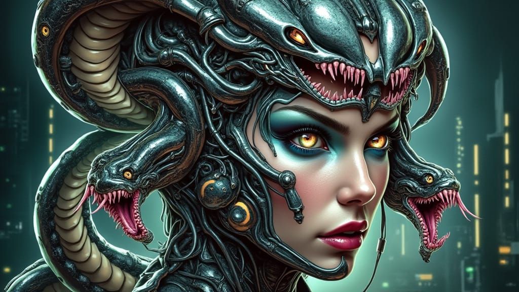 Cybernetic Cobra Goddess in Neon-Lit Metropolis