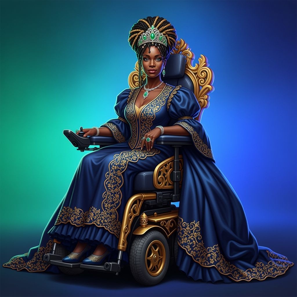 Regal Black Queen in Golden Wheelchair