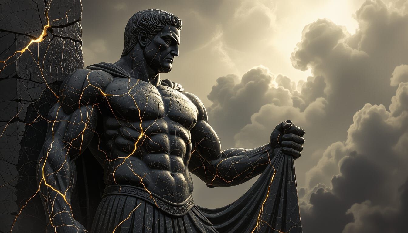 Ancient Obsidian Warrior Statue With Gold Accents