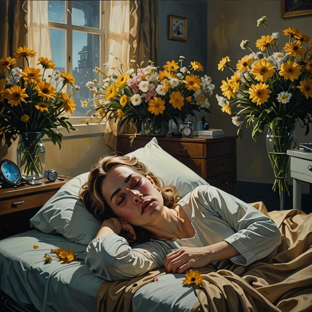 Surreal Hospital Scene with Crying Figures as Oil Painting