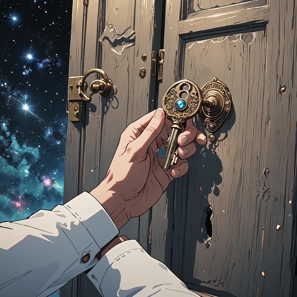 Hand Unlocking Universe Door in Anime Style