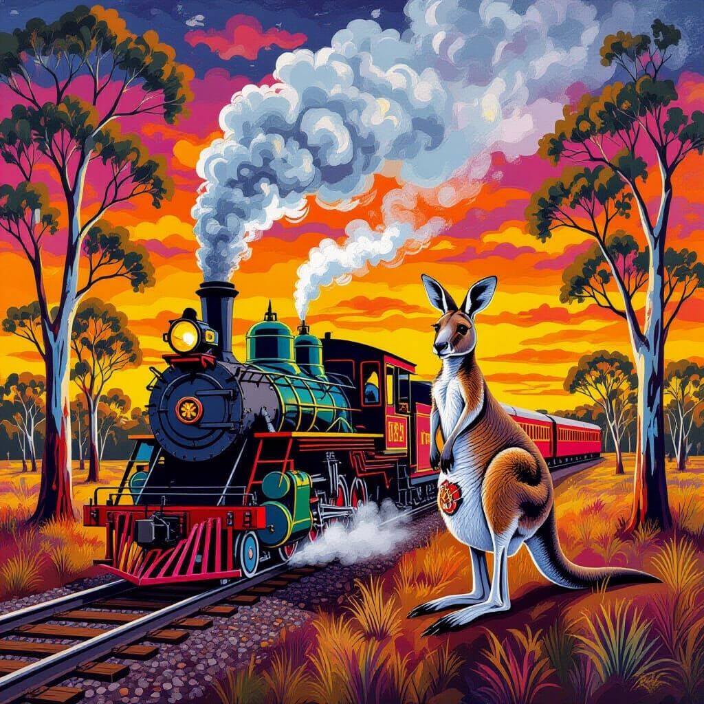 Kangaroo Conducts Outback Train: Aboriginal Dot Painting