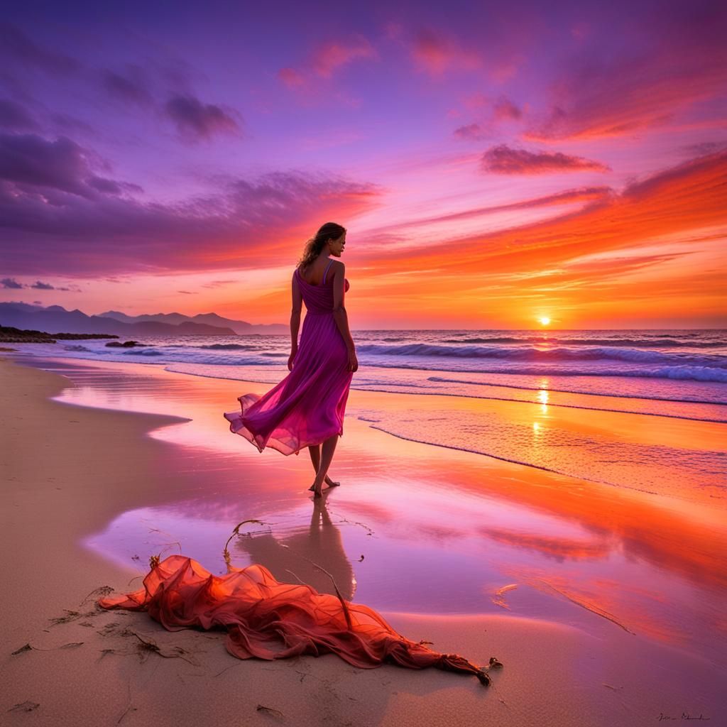 Tropical Sunset Beach Scene with Woman and Message