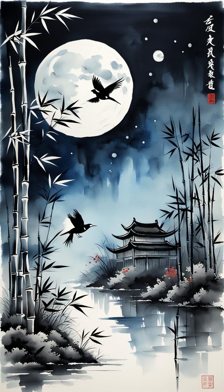 Chinese Ink Painting: Bamboo, Moon, and Bird