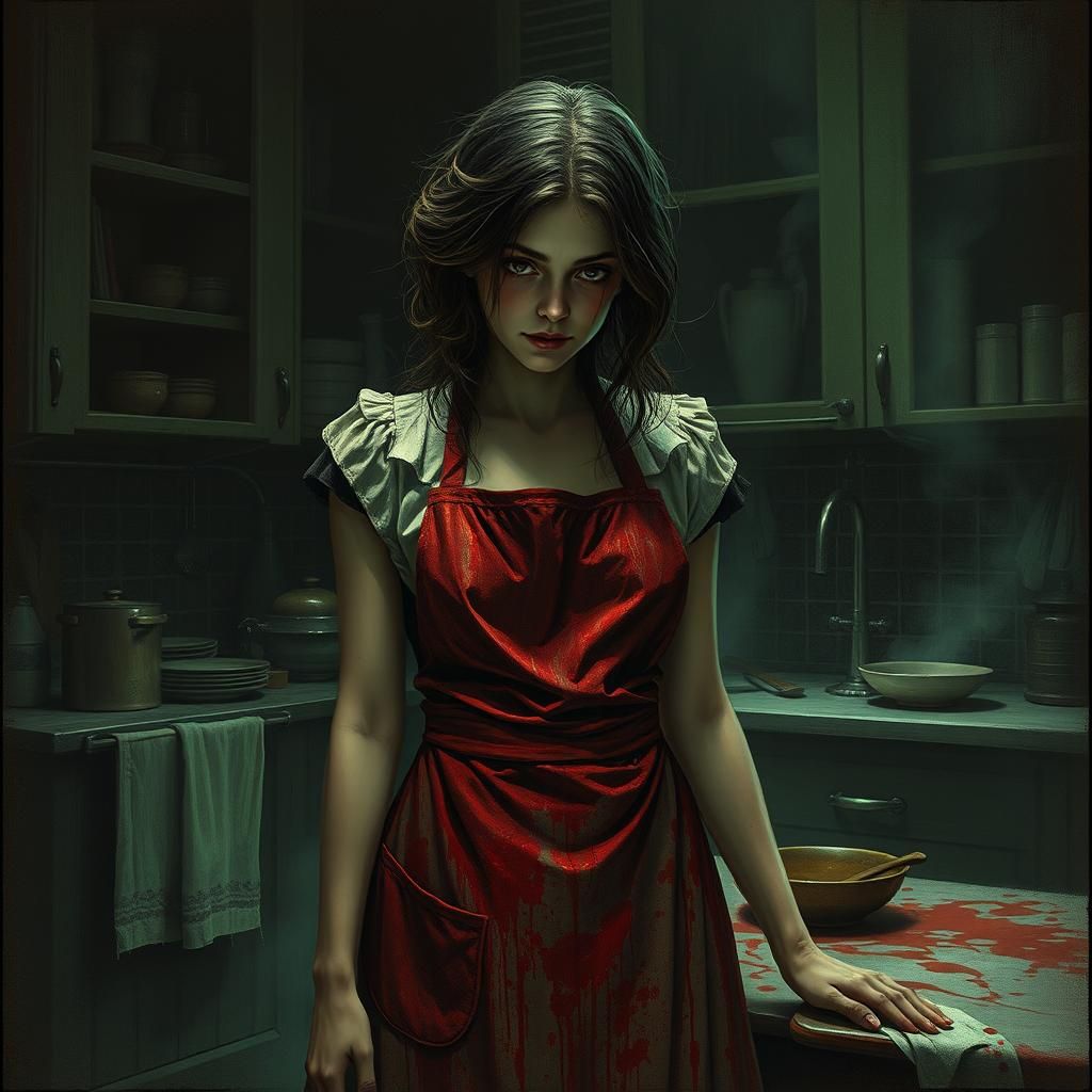 Macabre Kitchen Scene in Gothic Etching Style