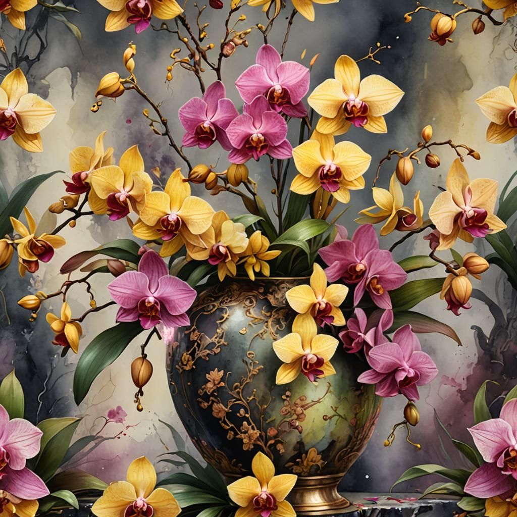 Yellow and Pink Orchids Watercolor Painting