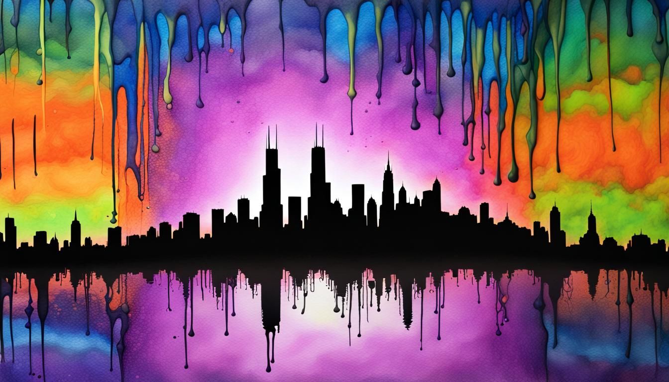 Chicago Skyline in Melted Crayon Blacklight Style