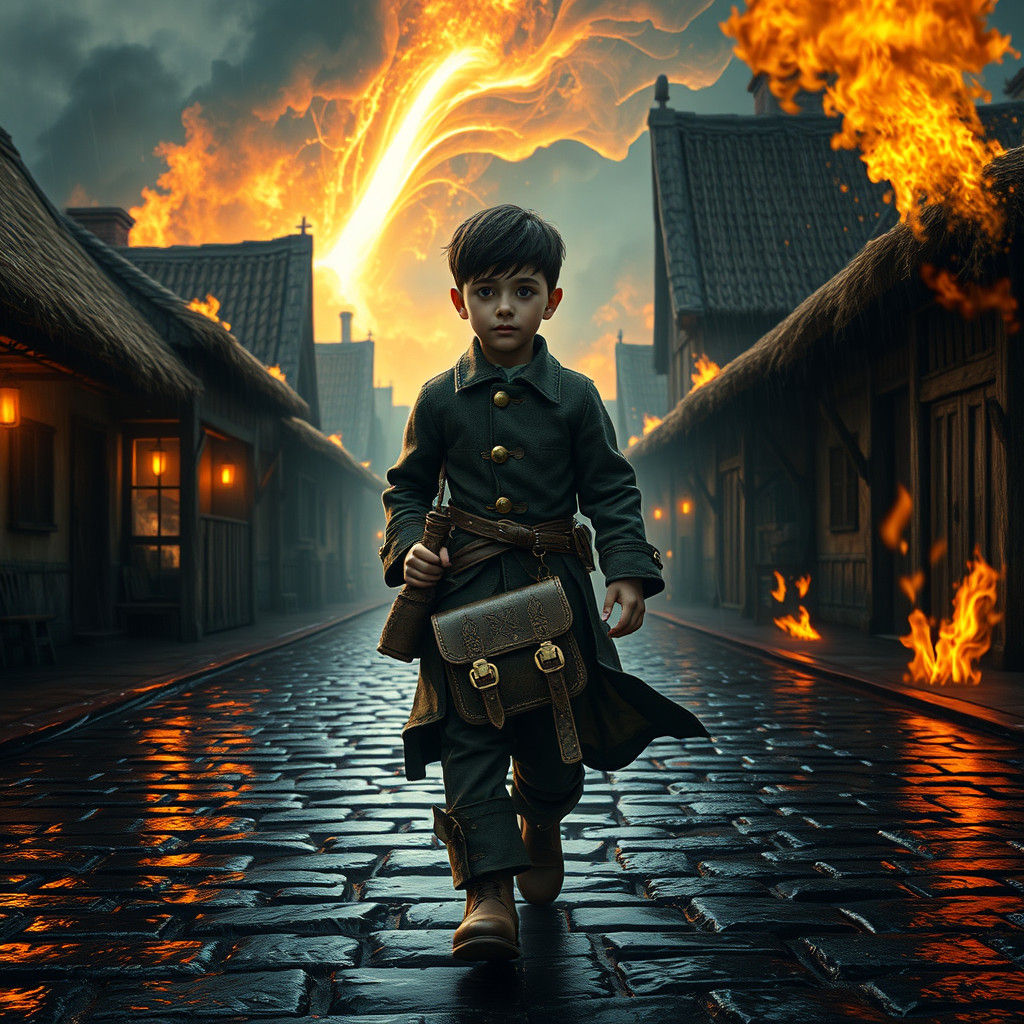 Dystopian Boy's Journey Through Burning Village