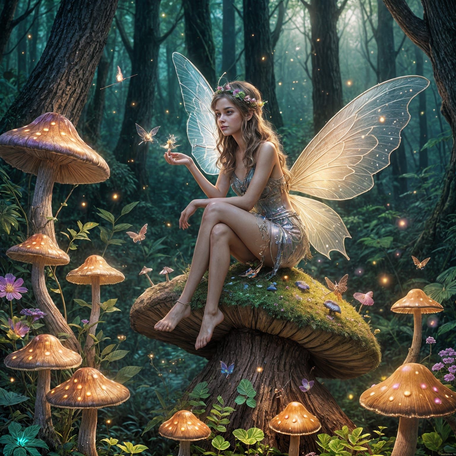 Enchanted Fairy on Luminous Mushroom, Fantasy Art