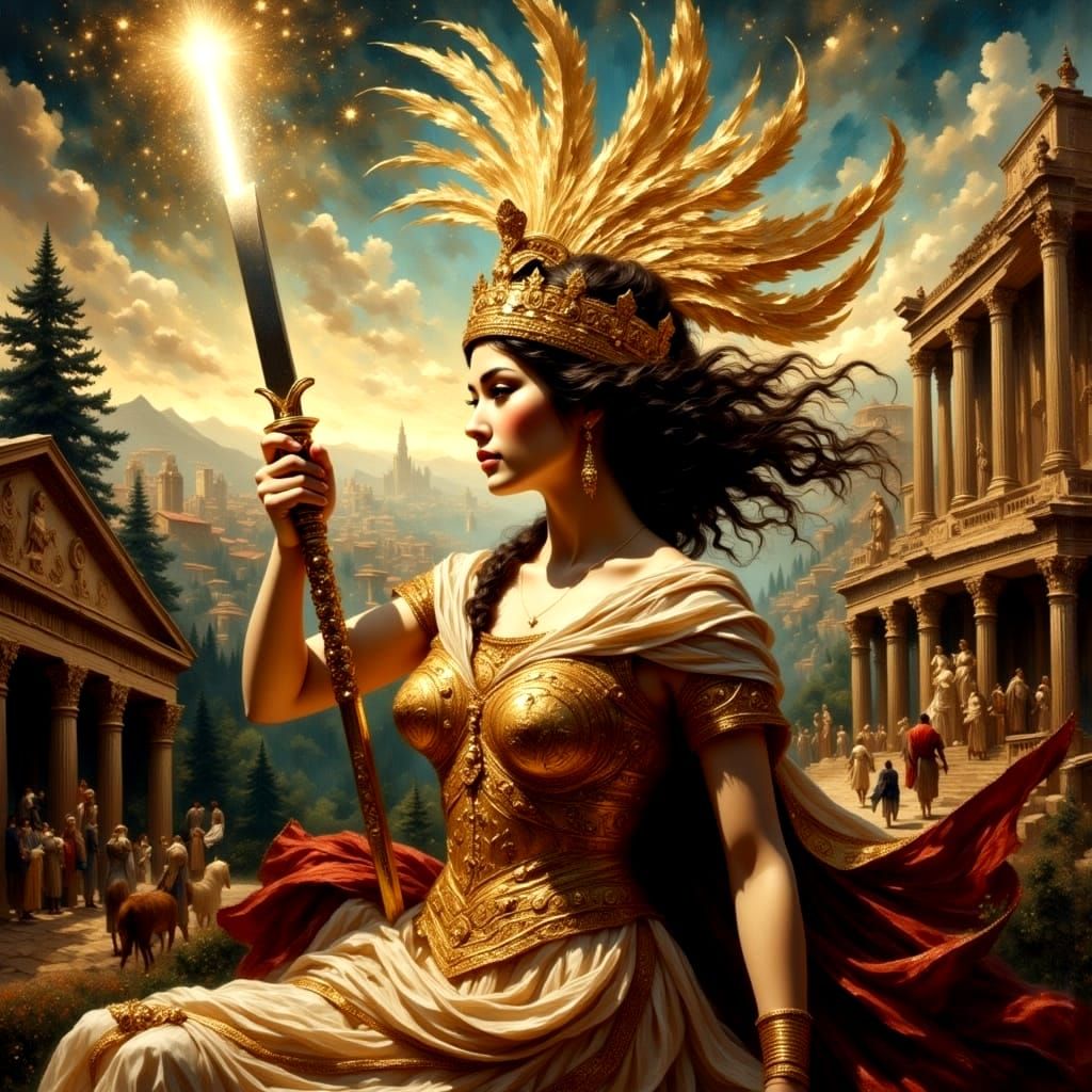 Majestic Goddess Atena in Gouache Impressionist Masterpiece