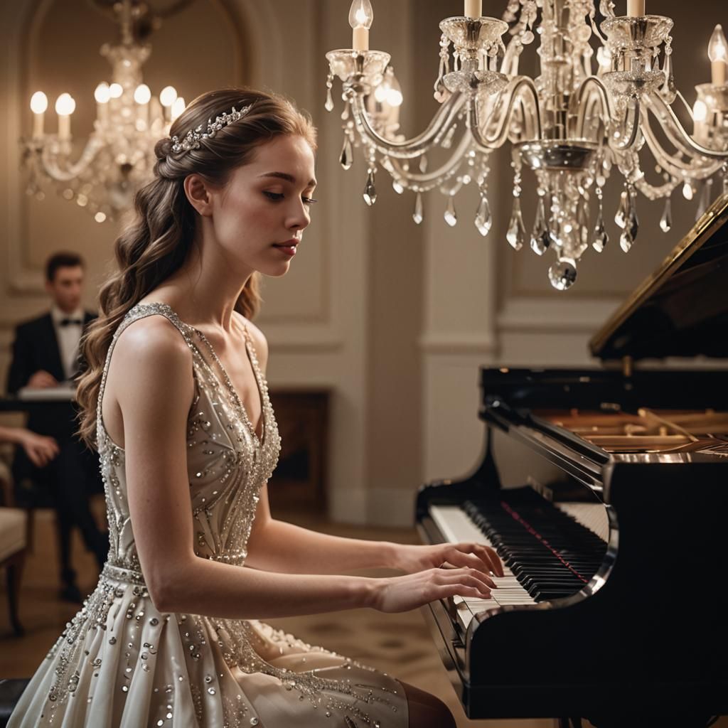 Pianist Under Chandelier in High-Fashion Editorial Style