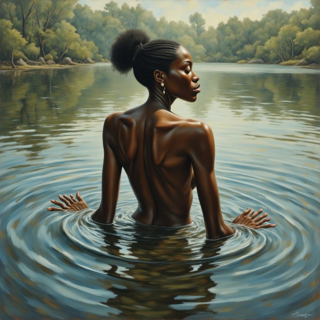 Digital Painting of Woman Emerging from Lake with Dramatic L...