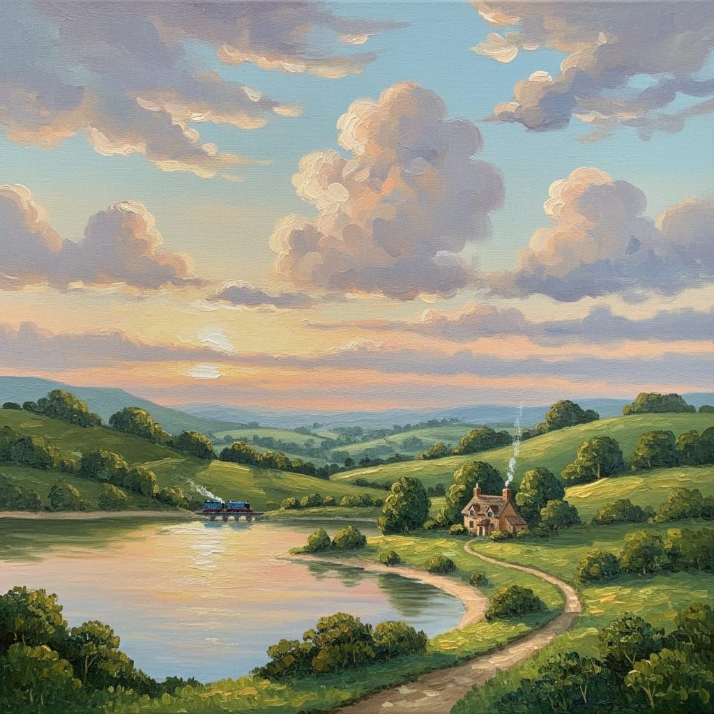 Sodor Island Serene Landscape in Bob Ross Style