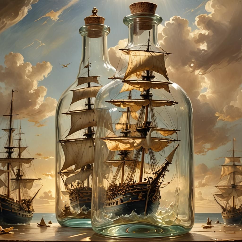 Baroque Ship in a Bottle Nautical Art