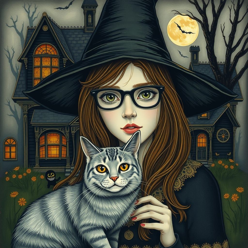 Witch and Cat in Naive Art Style