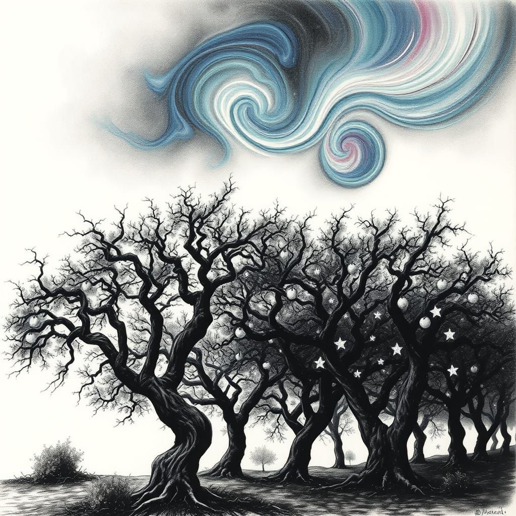 Celestial Orchard in Charcoal Drawing Style with Bold Lines