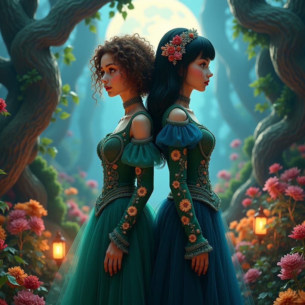 Ginny and Georgia in Moonlit Garden, Art Nouveau Style