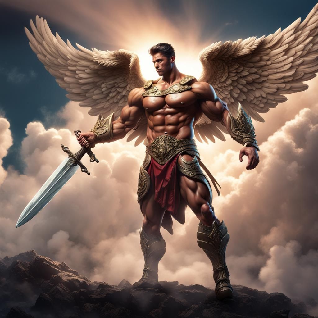 Angelic Warrior Bodybuilder with Sword in Shining Clouds
