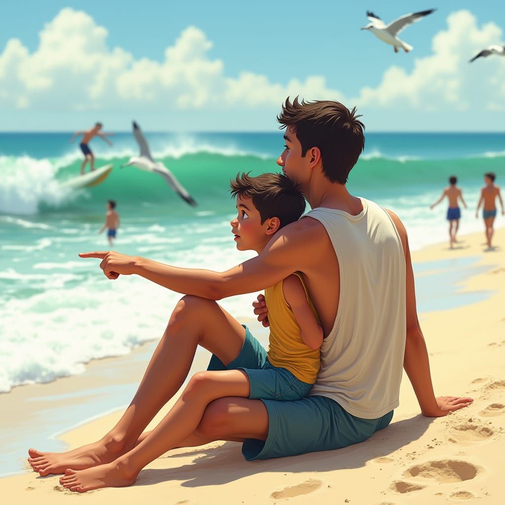 Father and Son Share Thrill of Catching a Wave on Sunny Beac...