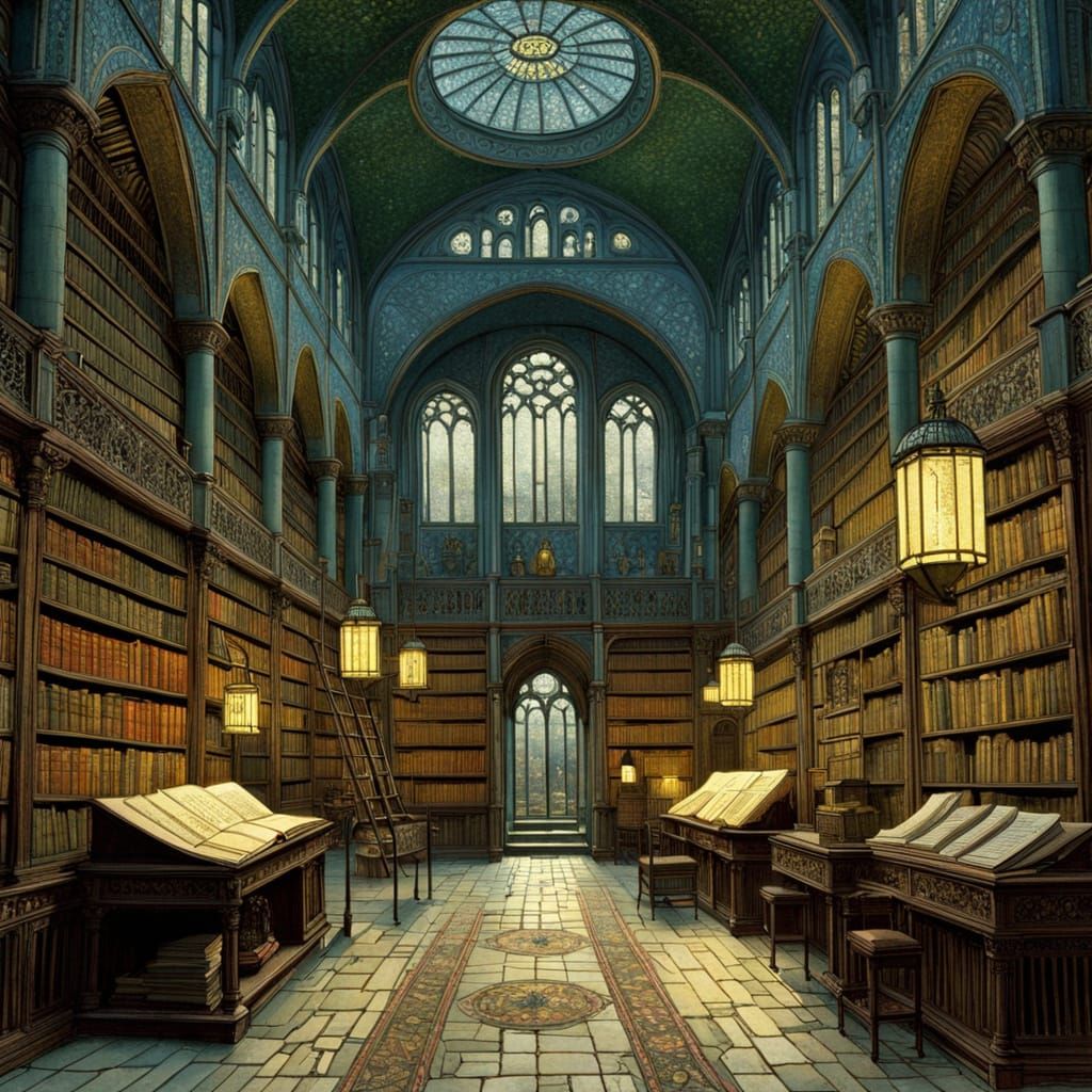 Surreal Ancient Monastery Library Illuminated by Noctilucent...
