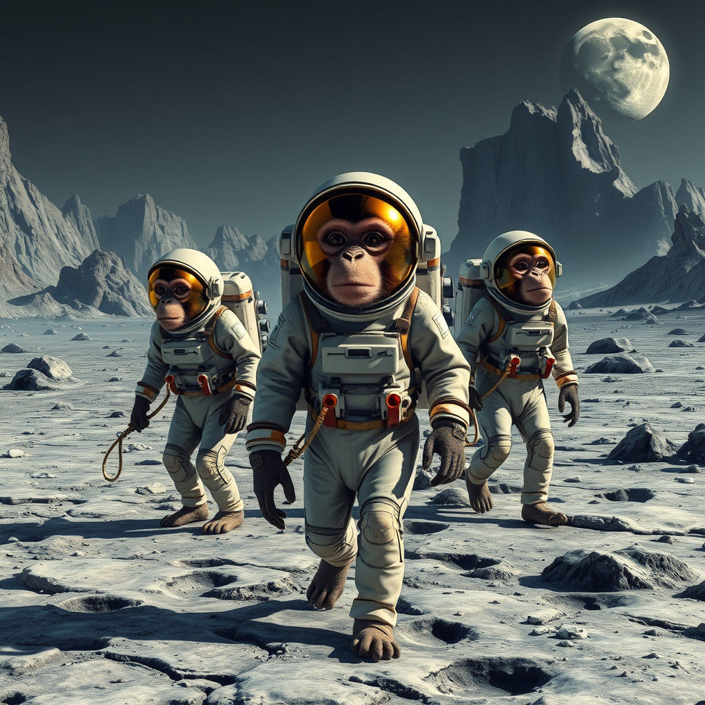 Astronaut Monkeys Explore Lunar Surface in Futuristic Art