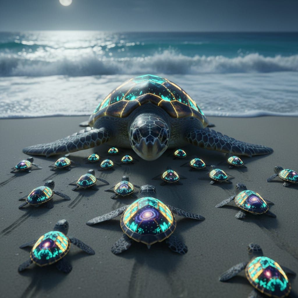 Bioluminescent Turtles with School Bus Lights on Beach