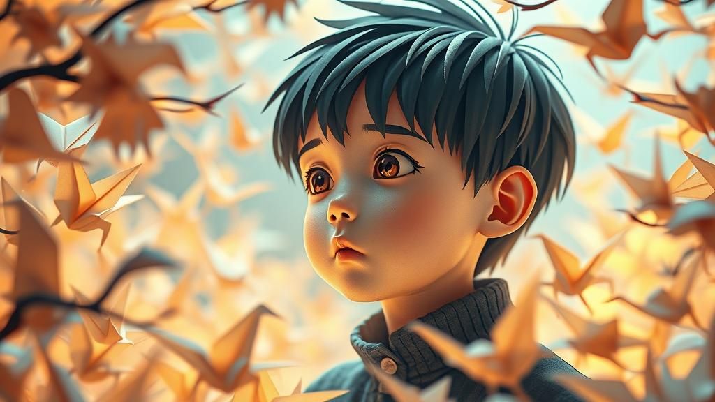 Enigmatic Boy Surrounded by Origami Paper Art