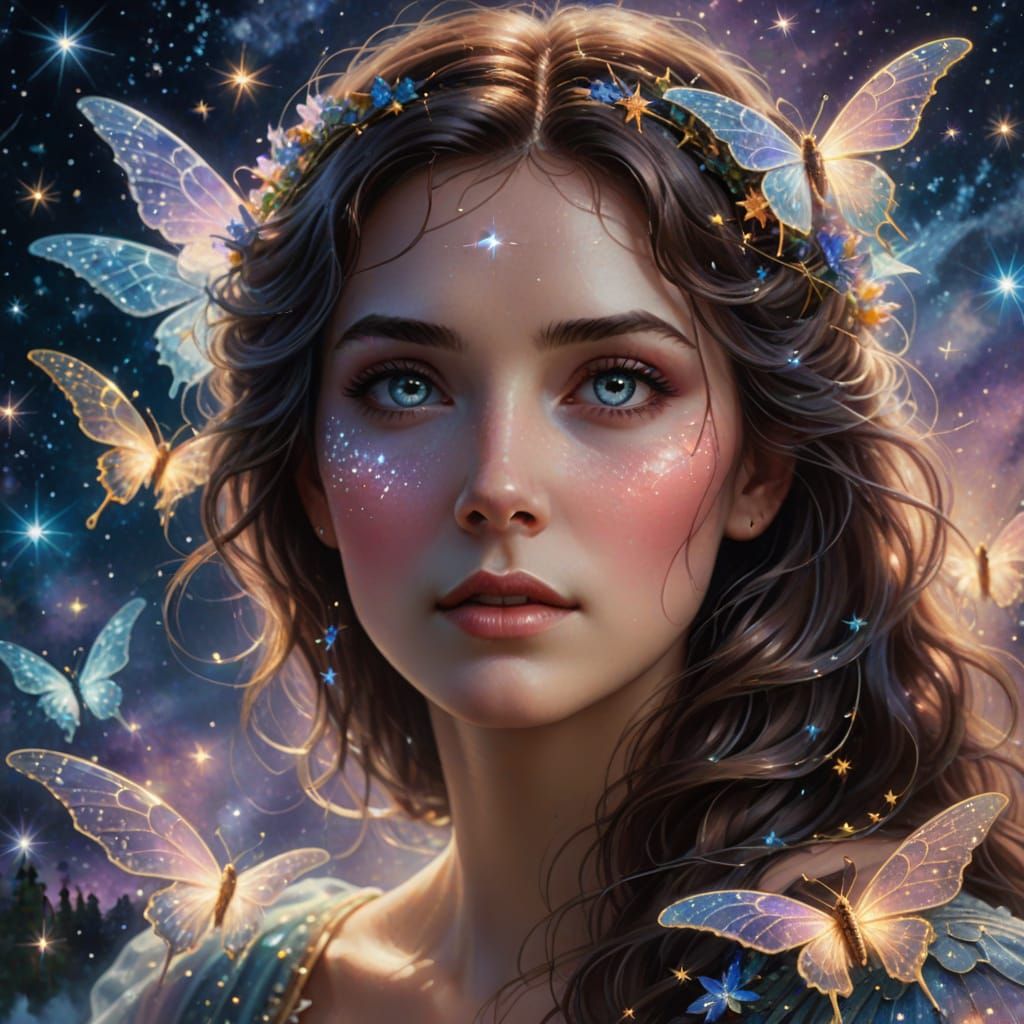 Ethereal Woman with Starry Eyes and Iridescent Wings in Soft...