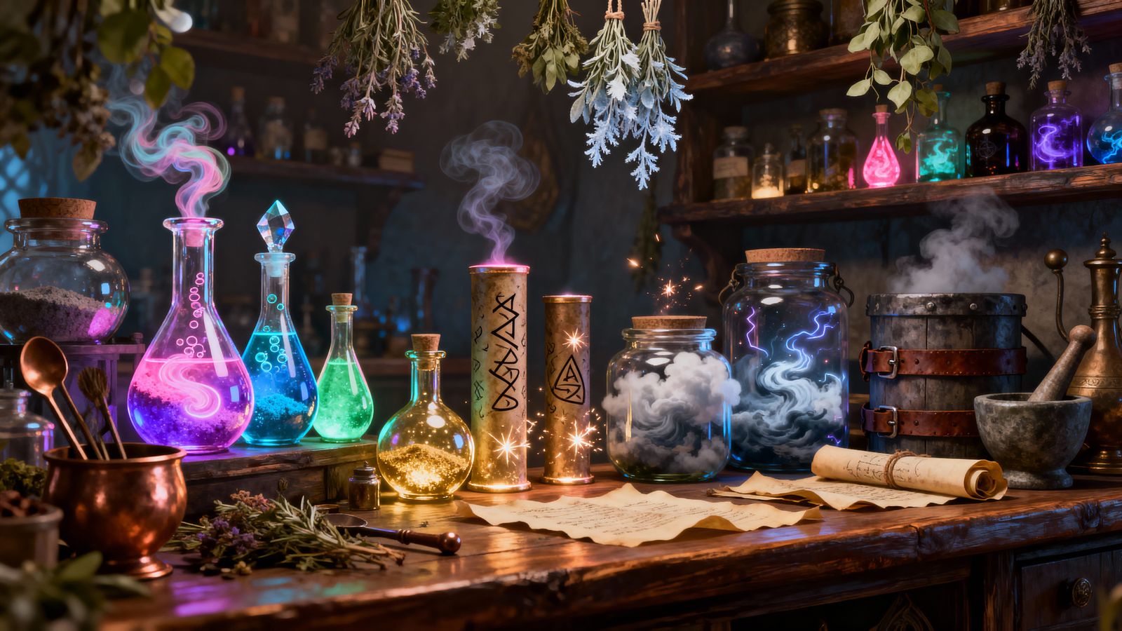 Fantasia Apothecary Interior: Warm Amber Light & Potion Bott...