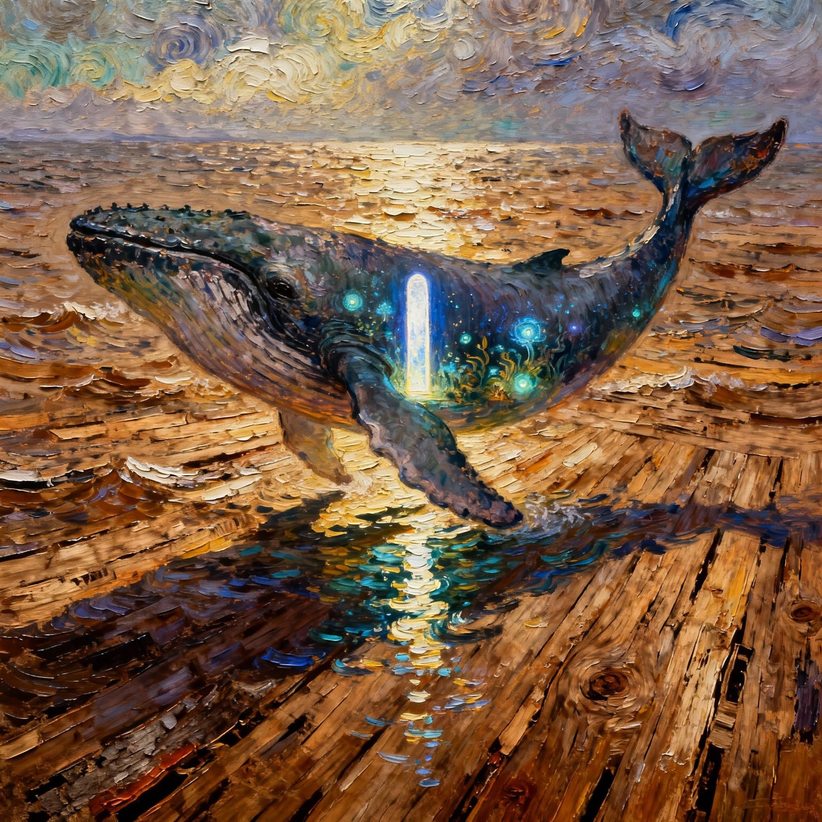 Portal to Parallel World Inside Whale in Wooden Ocean