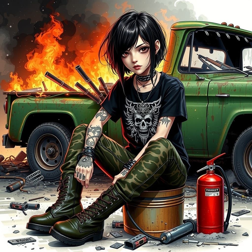 Emo Woman by Burning Truck in Anime Style