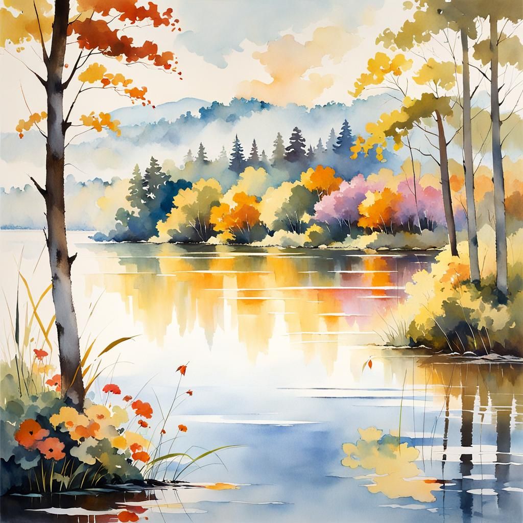 Idyllic Lakeside Scene with Flowers in Art Brut Style