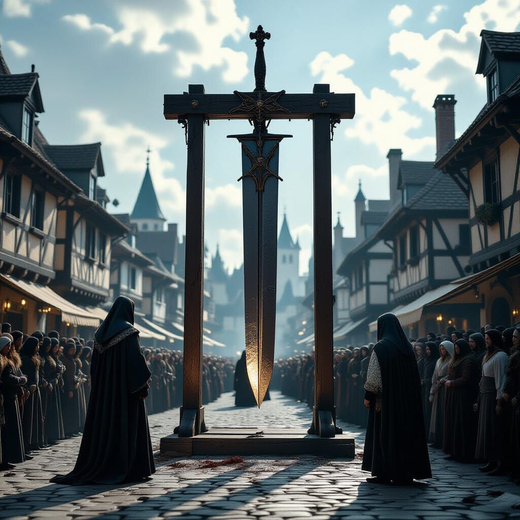 Colossal Guillotine in Medieval Square with Executioner