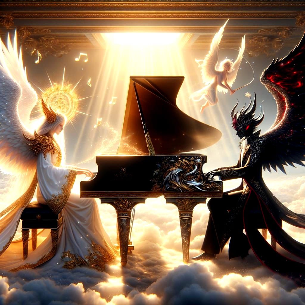 Celestial Pianists in Serene Heavenly Setting