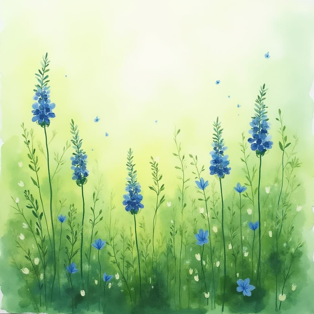 Impressionistic Watercolor Field with Blue Wildflowers