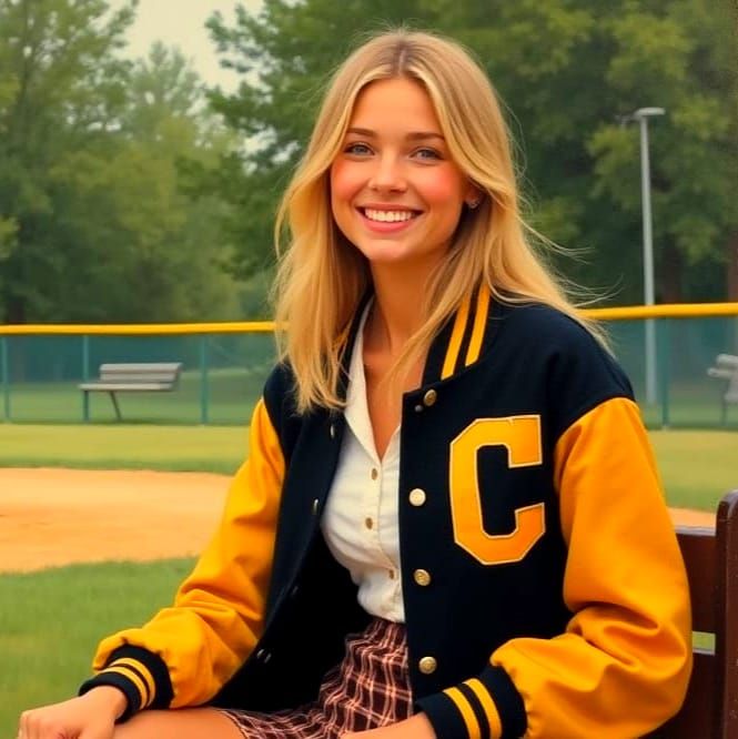 Nostalgic 1972 Scene: Woman in Letterman Jacket