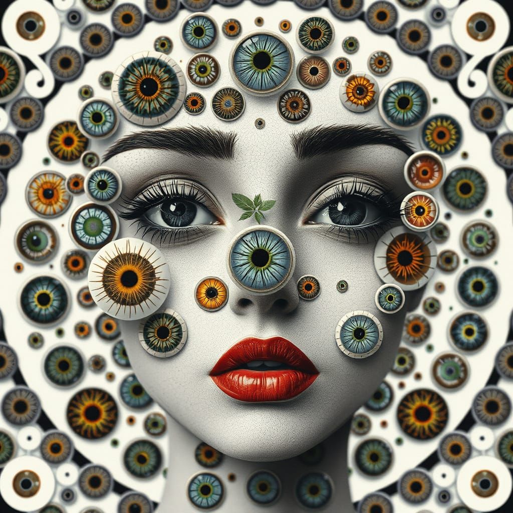 Surreal Woman Composed of Eyes in Black and White Circular B...