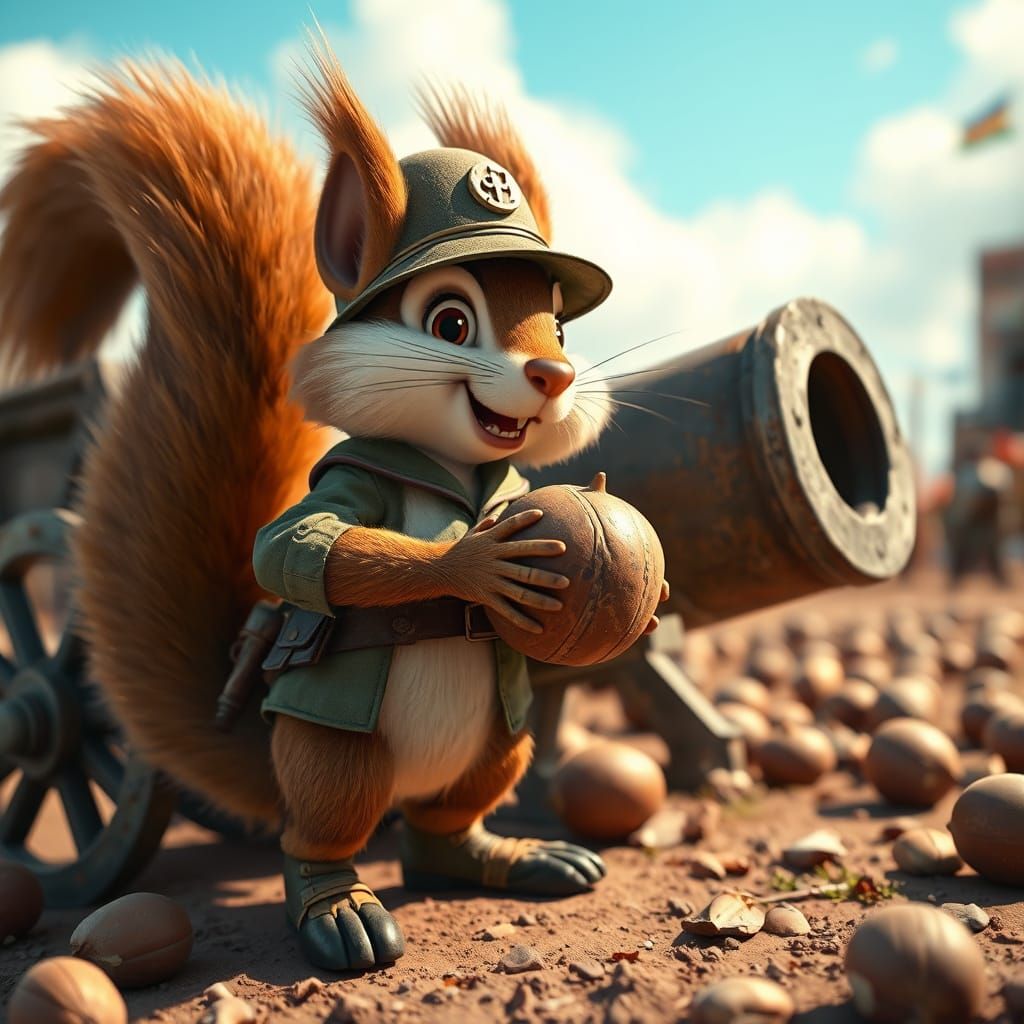 Surreal Cartoon Squirrel Prepares for Whimsical Battle