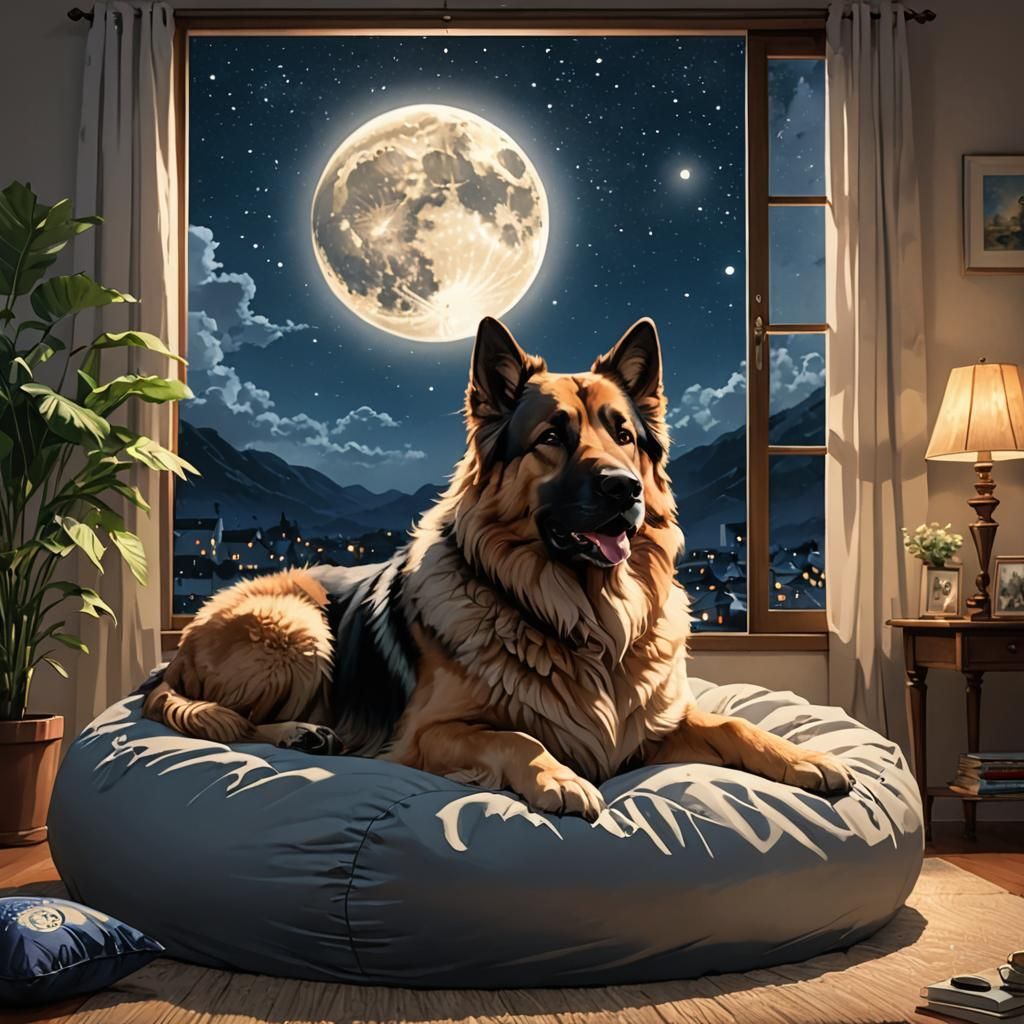 Cozy Shepherd Dog on Beanbag in Anime Style