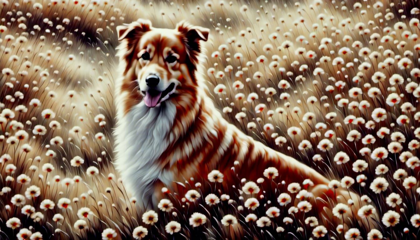 Golden Dog in Dandelion Field: Impressionist Oil Painting