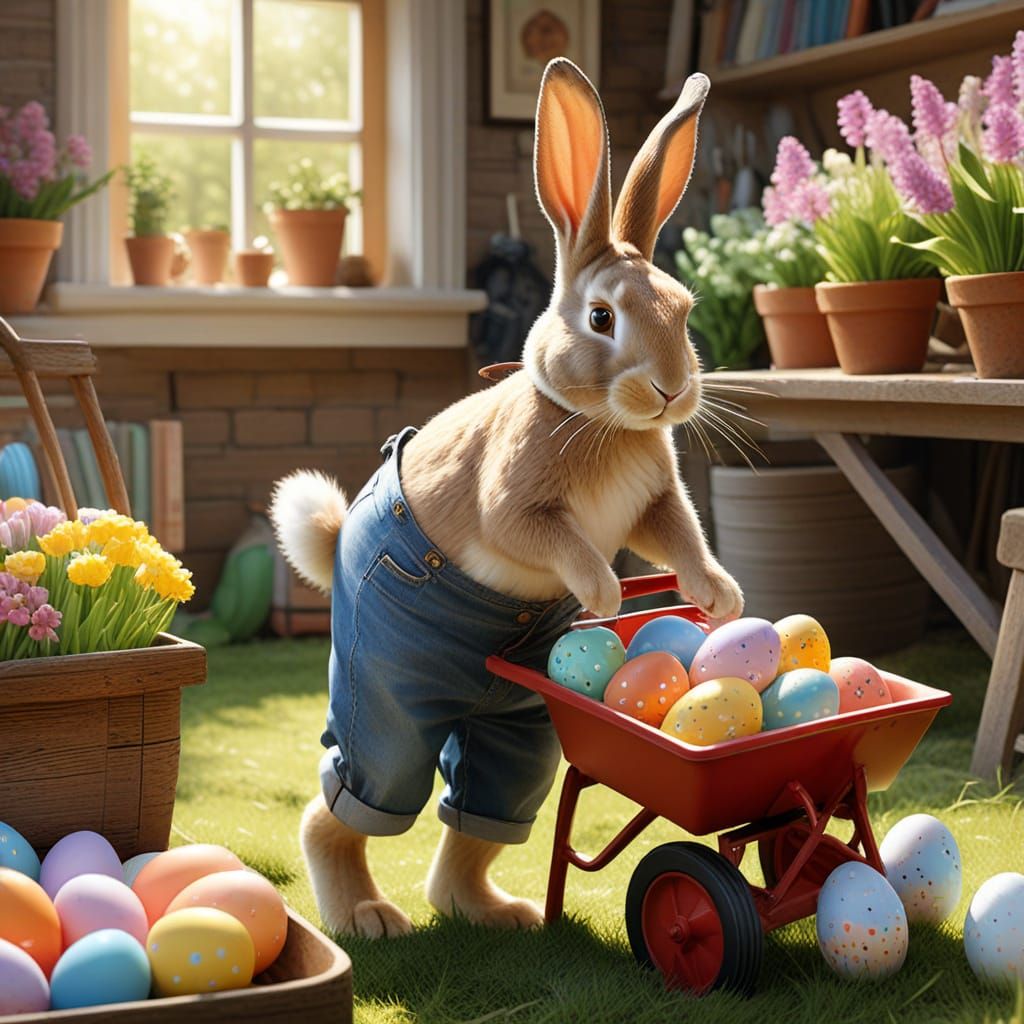 Whimsical Easter Bunny Illustration in Digital Painting Styl...