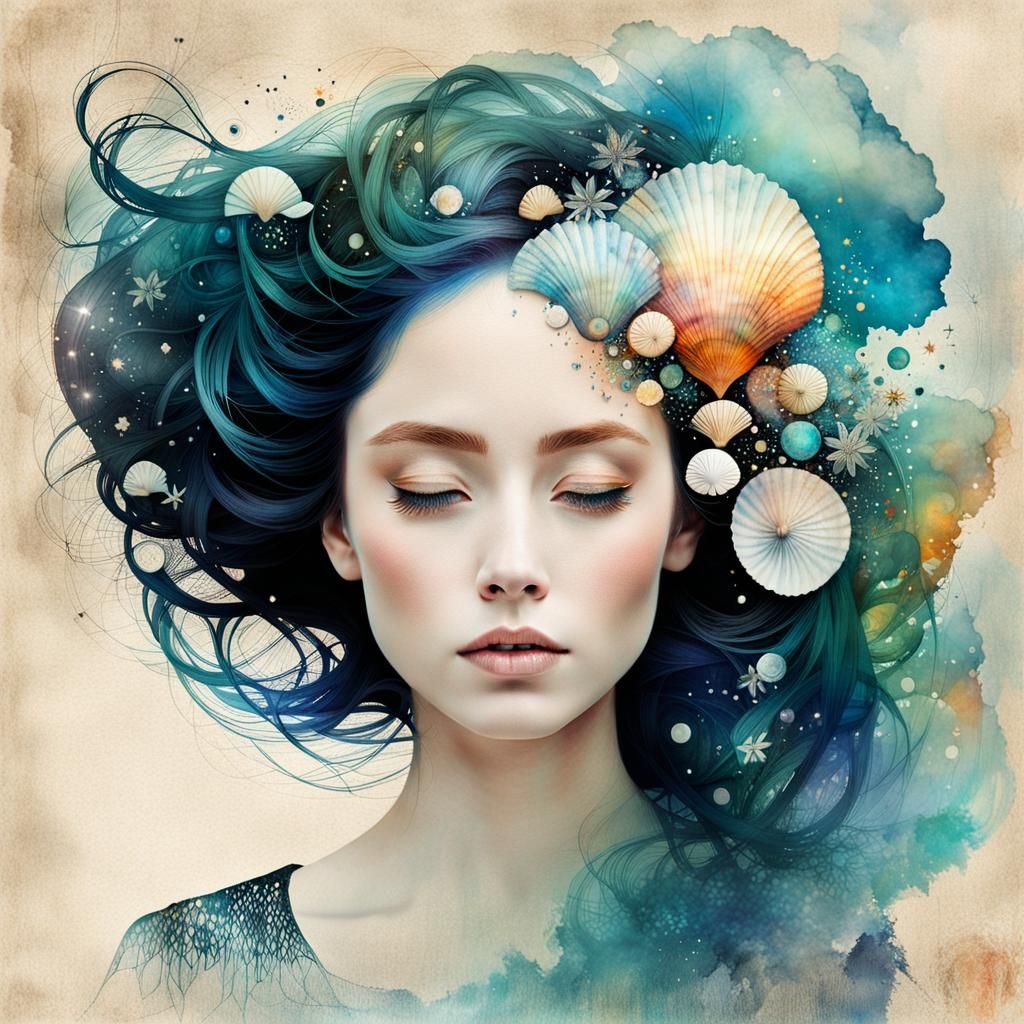 Surreal Seashell Portrait in Watercolor Collage Style